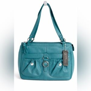 VTG Stone Mountain Teal Leather Shoulder Bag Purse Handbag Lined Zip Silver NWT
